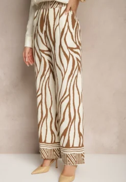Brązowe Szerokie Spodnie z Wiskozy z Lnem High Waist w Zwierzęcy Wzór Fenariela