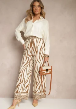 Brązowe Szerokie Spodnie z Wiskozy z Lnem High Waist w Zwierzęcy Wzór Fenariela