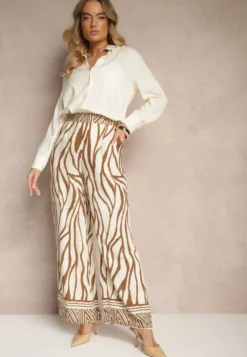 Brązowe Szerokie Spodnie z Wiskozy z Lnem High Waist w Zwierzęcy Wzór Fenariela