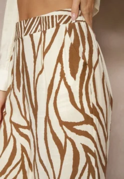 Brązowe Szerokie Spodnie z Wiskozy z Lnem High Waist w Zwierzęcy Wzór Fenariela