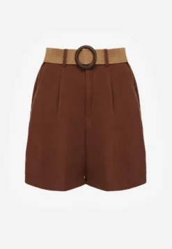 Brązowe Szorty Casual z Wiskozą High Waist Ozdobione Paskiem z Plecionki Kailee