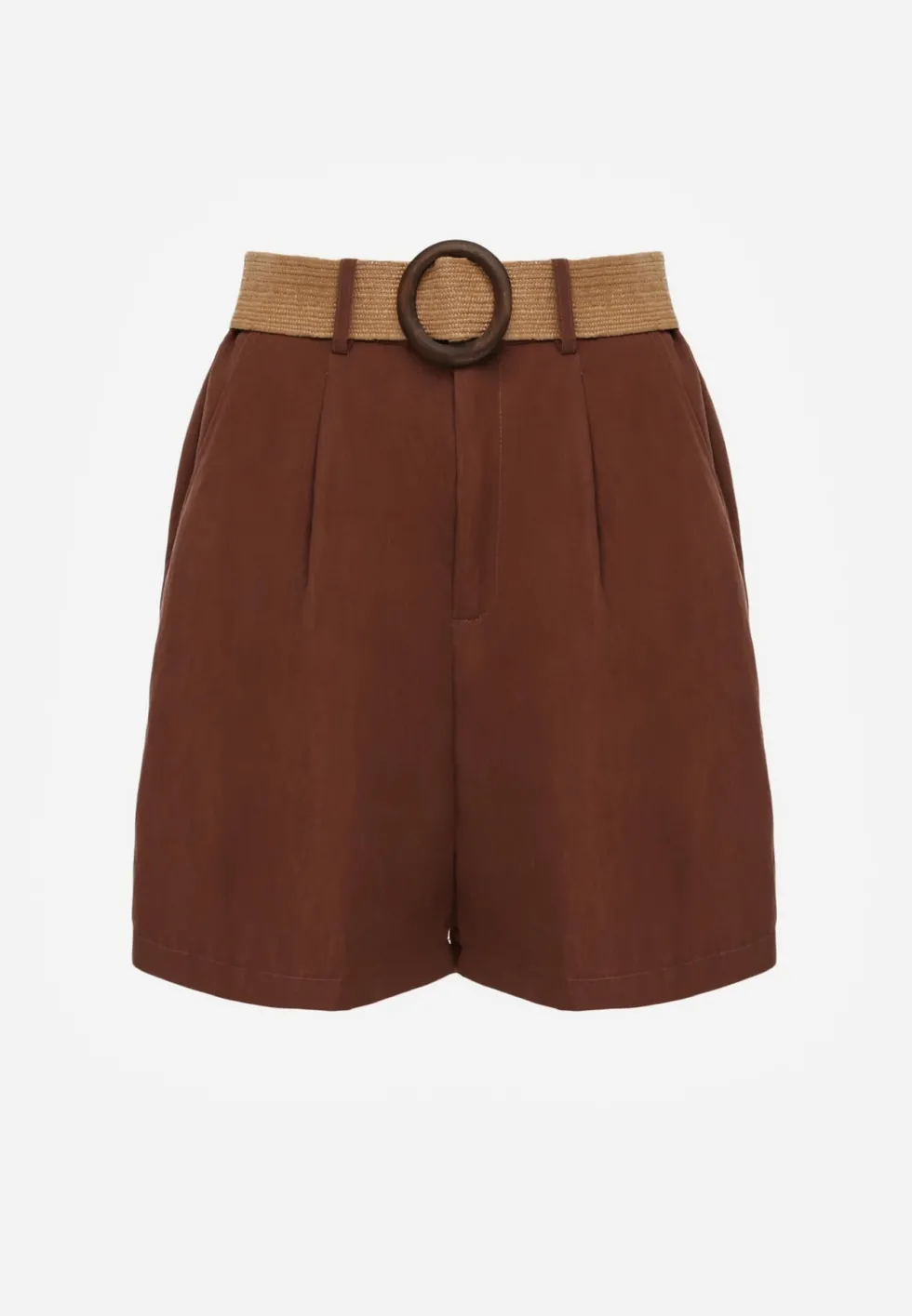 Brązowe Szorty Casual z Wiskozą High Waist Ozdobione Paskiem z Plecionki Kailee
