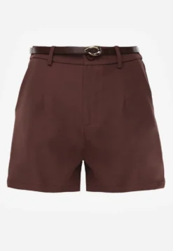 Brązowe Szorty High Waist w Eleganckim Stylu z Cienkim Paskiem ze Sprzączką Rissarie