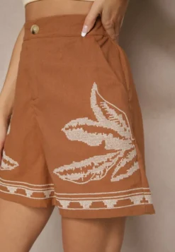 Brązowe Szorty High Waist z Bawełny Zdobione Haftem Filianira