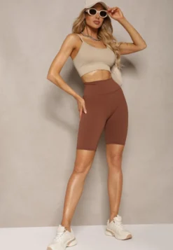Brązowe Szorty Kolarki High Waist z Elastycznego Materiału Nanestia