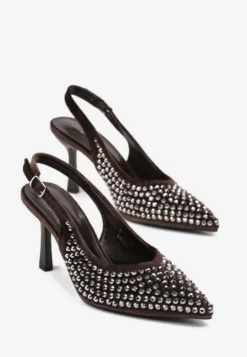 Brązowe Szpilki Slingback Ozdobione Cyrkoniami Benikke