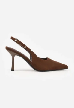 Brązowe Szpilki Slingback VICES z Imitacji Zamszu z Prostokątną Klamerką Natuma