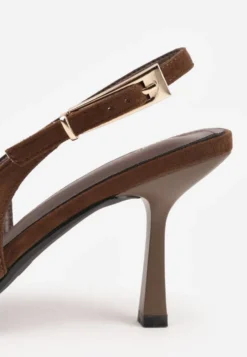 Brązowe Szpilki Slingback VICES z Imitacji Zamszu z Prostokątną Klamerką Natuma