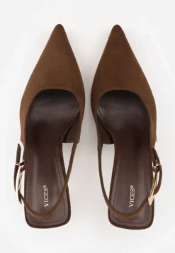 Brązowe Szpilki Slingback VICES z Imitacji Zamszu z Prostokątną Klamerką Natuma