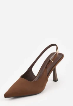 Brązowe Szpilki Slingback VICES z Imitacji Zamszu z Prostokątną Klamerką Natuma