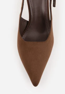 Brązowe Szpilki Slingback VICES z Imitacji Zamszu z Prostokątną Klamerką Natuma