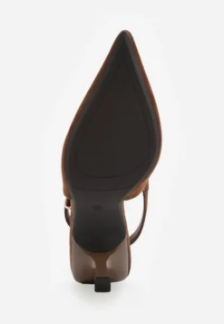 Brązowe Szpilki Slingback VICES z Imitacji Zamszu z Prostokątną Klamerką Natuma