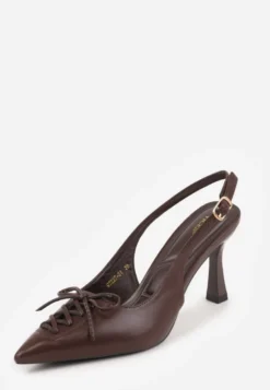 Brązowe Szpilki Slingback VICES Zdobione Gorsetowym Wiązaniem z Kokardą Azimuna