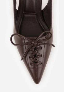 Brązowe Szpilki Slingback VICES Zdobione Gorsetowym Wiązaniem z Kokardą Azimuna