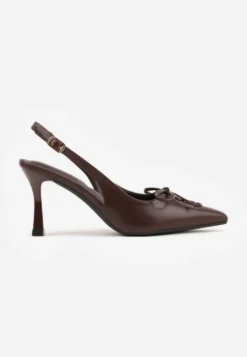 Brązowe Szpilki Slingback VICES Zdobione Gorsetowym Wiązaniem z Kokardą Azimuna