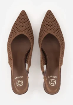 Brązowe Szpilki Slingback z Ażurowymi Zdobieniami na Cholewce Tespeila