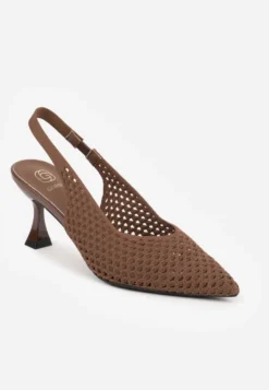 Brązowe Szpilki Slingback z Ażurowymi Zdobieniami na Cholewce Tespeila