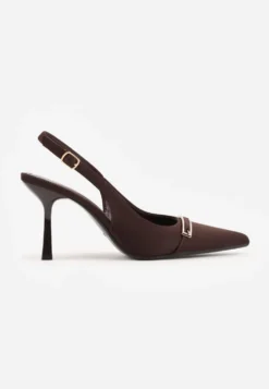 Brązowe Szpilki Slingback z Ozdobną Prostokątną Klamerką Vitanis