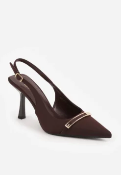 Brązowe Szpilki Slingback z Ozdobną Prostokątną Klamerką Vitanis