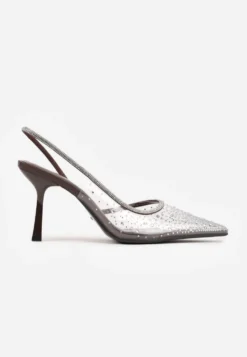 Brązowe Szpilki Slingback z Transparentną Cholewką i Cyrkoniami Liaceran
