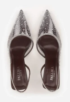 Brązowe Szpilki Slingback z Transparentną Cholewką i Cyrkoniami Liaceran
