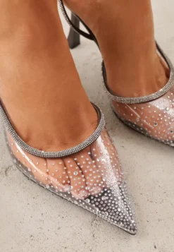 Brązowe Szpilki Slingback z Transparentną Cholewką i Cyrkoniami Liaceran