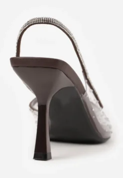 Brązowe Szpilki Slingback z Transparentną Cholewką i Cyrkoniami Liaceran
