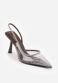 Brązowe Szpilki Slingback z Transparentną Cholewką i Cyrkoniami Liaceran