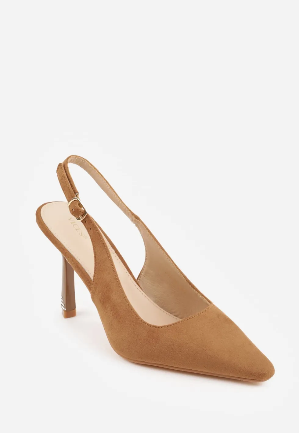 Brązowe Szpilki VICES Slingback Ozdobione Cyrkoniami na Obcasie Laodele