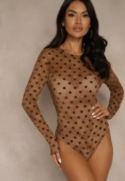 Brązowe Transparentne Body z Wiskozą w Kropki z Weluru Lianassa