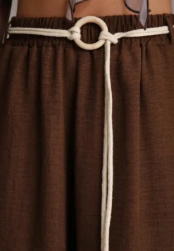 Brązowe Wiskozowe Spodnie Typu Palazzo High Waist Ozdobione Paskiem Sznurkiem Alemea