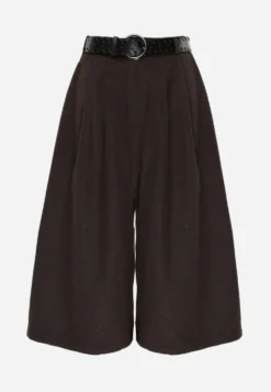 Brązowe Wiskozowo-Bawełniane Spodnie Casual Culottes z Paskiem z Klamerką Jumorla