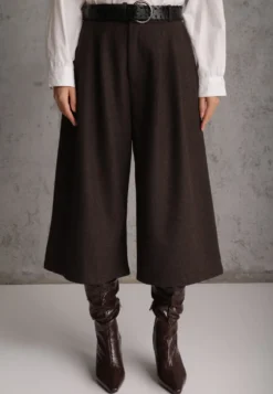 Brązowe Wiskozowo-Bawełniane Spodnie Casual Culottes z Paskiem z Klamerką Jumorla
