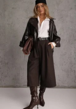 Brązowe Wiskozowo-Bawełniane Spodnie Casual Culottes z Paskiem z Klamerką Jumorla