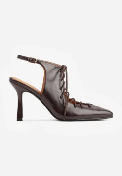 Brązowe Wiązane Szpilki Typu Slingback Angellta