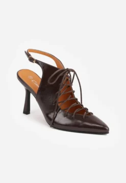 Brązowe Wiązane Szpilki Typu Slingback Angellta