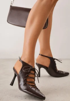 Brązowe Wiązane Szpilki Typu Slingback Angellta
