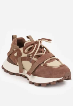 Brązowe Zamszowe Sneakersy Chunky na Platformie z Bieżnikiem ze Skórzaną Wkładką Favusa