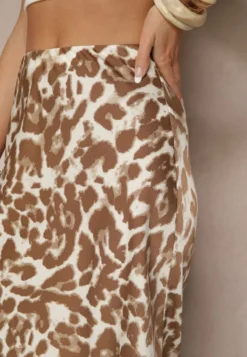 Brązowo-Beżowa Panterkowa Spódnica z Wiskozy High Waist Fevirellea