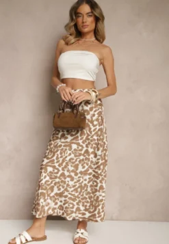 Brązowo-Beżowa Panterkowa Spódnica z Wiskozy High Waist Fevirellea