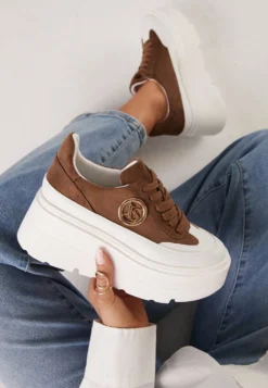Brązowo-Białe Chunky Sneakersy Vices na Platformie z Okrągłym Detalem Sedvira
