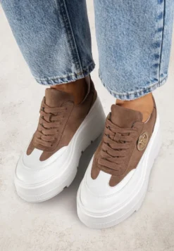 Brązowo-Białe Chunky Sneakersy Vices na Platformie z Okrągłym Detalem Sedvira