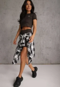 Brązowy Basicowy T-shirt w Stylu Cropped z Subtelnym Nadrukiem Loraera