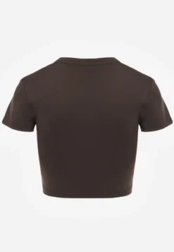 Brązowy Basicowy T-shirt w Stylu Cropped z Subtelnym Nadrukiem Loraera