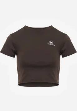 Brązowy Basicowy T-shirt w Stylu Cropped z Subtelnym Nadrukiem Loraera