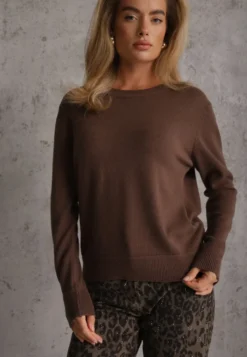 Brązowy Casualowy Sweter o Klasycznym Fasonie z Okrągłym Dekoltem Pilare