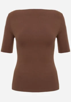 Brązowy Dopasowany T-shirt z Wiskozy z Dekoltem w Łódkę Vivianna