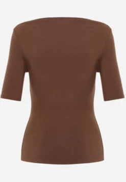 Brązowy Dopasowany T-shirt z Wiskozy z Dekoltem w Łódkę Vivianna