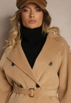 Brązowy Dwurzędowy Płaszcz Trencz o Eleganckim Kroju z Paskiem Edioneta