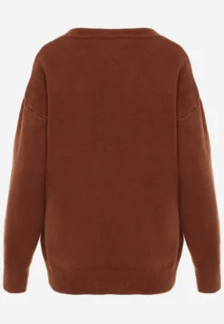 Brązowy Gładki Sweter z Bawełną o Kroju Oversize Conime